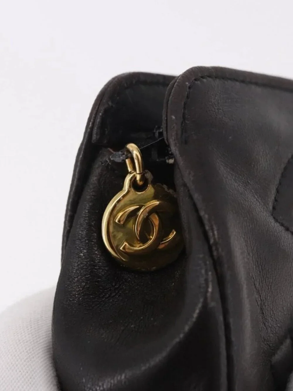 CHANEL COCO Mark Pouch Leather Black Gold CC Auth 189572